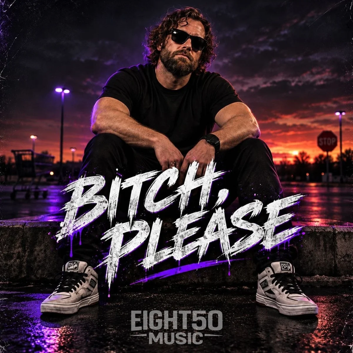 BITCH, PLEASE cover artwork featuring Robert A. Skechak III seated beneath a purple and orange sunset